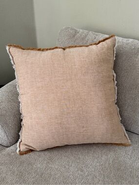 Studio McGee Tan Linen Pillow with Ivory and Tan Fringe
